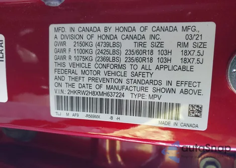 2021 Honda Cr-V Awd Ex-L из США, поврежденный, VIN 2HKRW2H8XMH637224